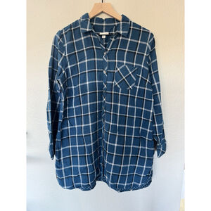 J Jill 100% Cotton Tunic Button Down Blue Plaid Flannel Feel Pockets